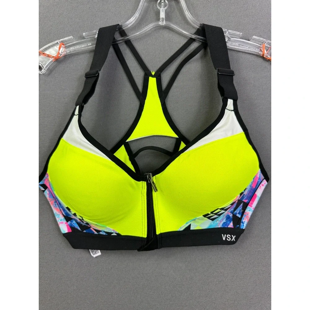 VSX Victoria's Secret‎ Neon Yellow Front Zip Racerback Sports Bra Geometric 34B